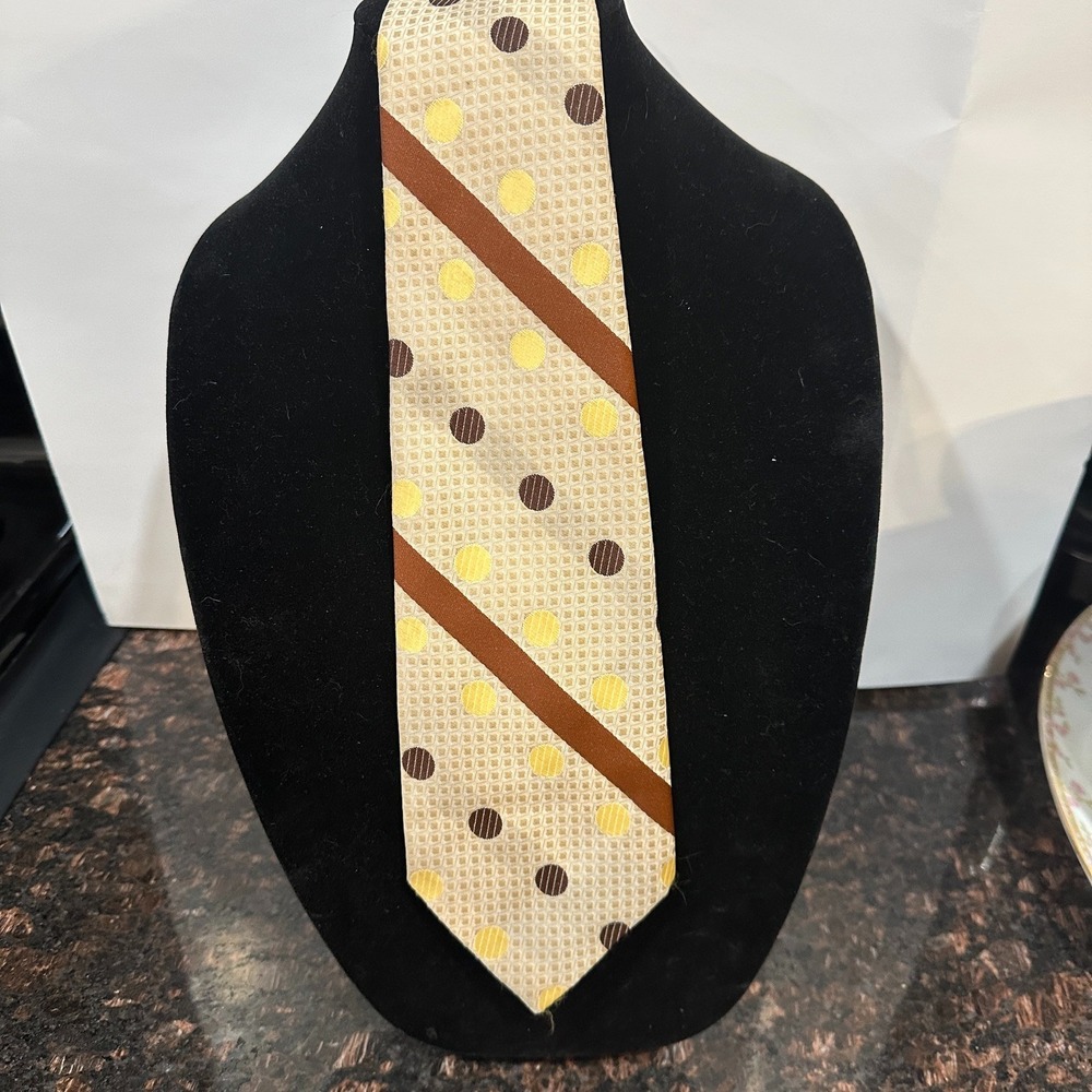 VTG Beige Polka Dot Tie Yellow Brown Diagonal Stripe Necktie Men Polyester Retro